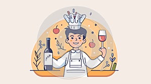 A cartoon chef holding a glass of wine and a bottle, AI