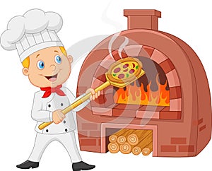 Cartoon chef holding hot pizza with traditional oven photo