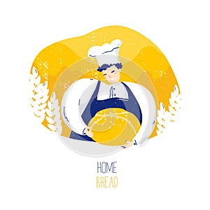 Cartoon chef with home bread and ears of wheat on yellow background