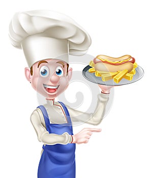 Cartoon Chef With Hot Dog Pointing