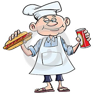 Cartoon chef with a hotdog and a can of coke. He wears a chefs hat