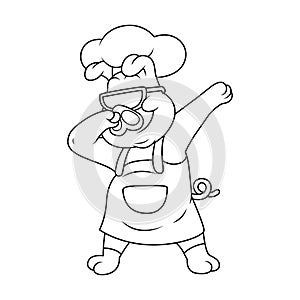 cartoon chef pig is doing dubbing with cool glasses line art