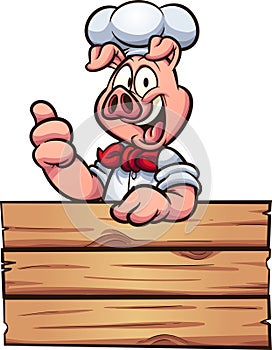 Cartoon chef pig making the thumb up sign and wooden sign