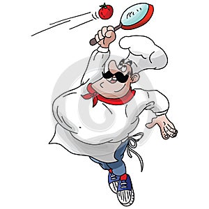 Cartoon Chef playing tennis with a saucepan and a tomato vector