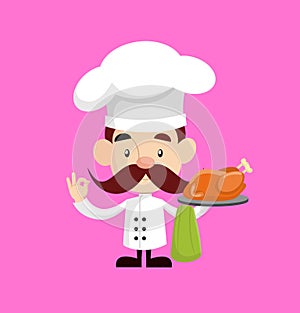 Cartoon Chef ready to serve chicken Flat Vector Illustration Design photo