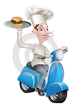 Cartoon Chef on Scooter Moped Delivering Burger