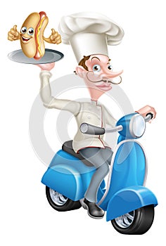 Cartoon Chef on Scooter Moped Delivering Hotdog