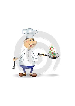 Cartoon chef throws up sliced pieces of vegetables in a pan isolated on white background vertical vector illustration