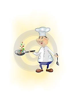 Cartoon chef throws up sliced pieces of vegetables in a pan on  yellow background, vertical vector illustration