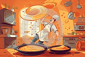 A cartoon chef tossing a pan of food into a frying pan. Generative AI image.