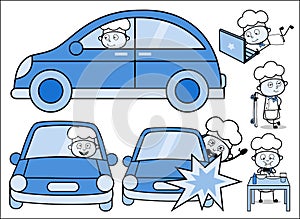 Cartoon Chef with Vintage Car and Elements - Set of Concepts Vector illustrations