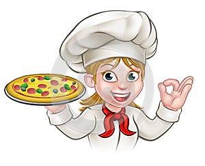 Cartoon Chef Woman and Pizza