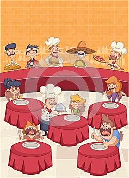 cartoon chefs cooking and holding tray with food.