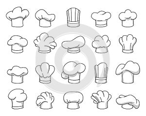 Cartoon chefs hats. Professional cooker cap, bakers hat and kitchen uniform headgear vector illustration set photo