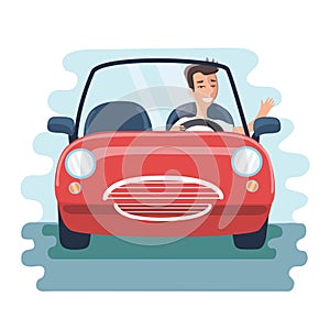 Cartoon chereful young man driving red car on the road. Front view