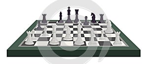 Cartoon chessboard with chess pieces, strategy game tournament. Chessmen figures on black white checkered board. Logical