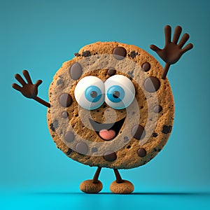 Cartoon chewie chocolate cookie character waving hands isolated on cyan background