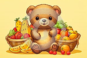 cartoon chibi cute bear with fresh vegetables and fruits