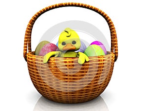 Cartoon chicken in a basket with eggs