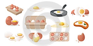 Cartoon chicken eggs. Cooked boiled fried egg with yellow yolk cracked eggshell protein, delicious organic ingredients