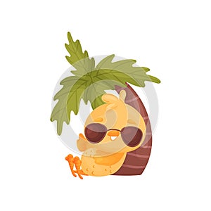 Cartoon chicken lies under a palm tree. Vector illustration on white background.