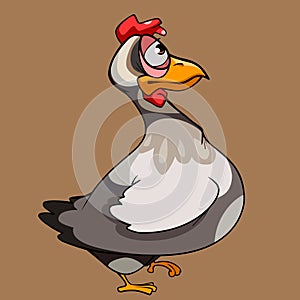 Cartoon chicken of light color with big eyes and a big beak