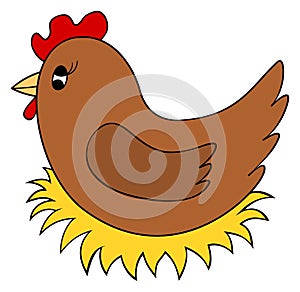 Cartoon chicken on nest clipart. Hen incubate eggs. Vector illustration