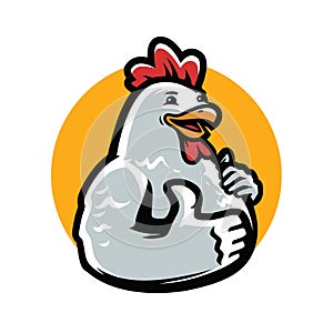 Cartoon chicken, rooster giving thumb up. Poultry farm emblem vector