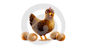 A chicken standing next to a bunch of brown eggs