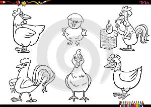 cartoon chickens farm animal characters set coloring page