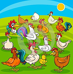 Cartoon chickens farm animals group