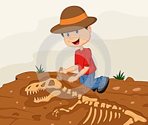 Cartoon Child archaeologist excavating for dinosaur fossil
