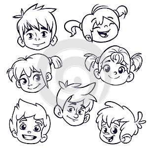 Cartoon child face icons. Vector set of children or teenagers heads outlined. Cutout illustration.