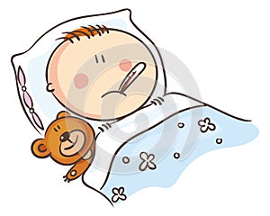 Cartoon child feeling unwell. Little boy suffering high temperature