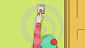 Cartoon Child in a Hat with Bonbon Pushing a Doorbell Button photo