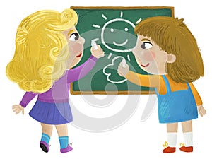 cartoon child kids girls pupils going to school learning solving tasks on the blackboard childhood illustration for kids