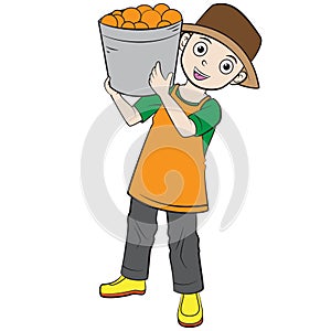 Cartoon child shouldering a bucket of oranges