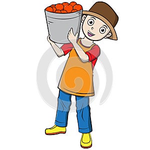 Cartoon child shouldering a bucket of oranges