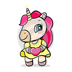 Cartoon child unicorn sits and holds heart, congratulates on holiday. greeting card vector for girls