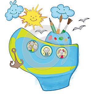 Cartoon childish composition with smiling sun and cloud, children in a boat looking through porthole