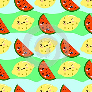 Cartoon childish fruits of lemon and watermelon in kawaii style, with smiling faces, flowers of lemon and green leaves