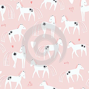 Cartoon childish pattern with magical horses and hearts. Pastel background. Vector kids texture