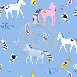 Cartoon childish pattern with magical horses, stars,moon. Pastel background. Vector kids texture