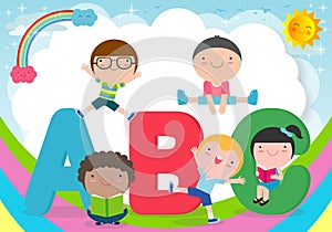 cartoon children with ABC letters, School kids with ABC, children with ABC letters,Vector Illustration.