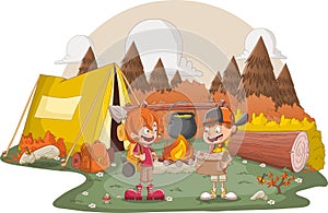 Cartoon children around a campfire.