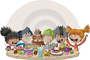 Cartoon children around table with desserts.