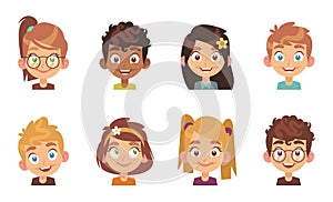 Cartoon children avatars. Joyful preschool smiling multiethnic kids, profile portrait young happy school girl and boy