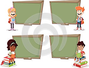 Cartoon children with books in front of green chalkboard blackboard.