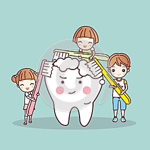 Cartoon children brushing white tooth