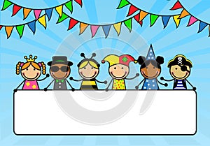 Cartoon children in carnival costumes hold a poste